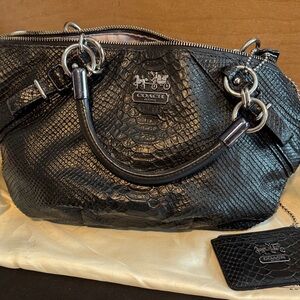 Coach Black Embossed Leather Shoulder Bag with Chain Handles
